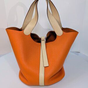 Hermes Bicolor Orange & Parchemin Clemence Leather Picotin 26 (GM)